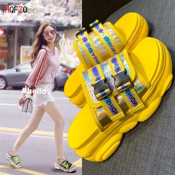 

HQFZO Casual High Heels Women Sandals Buckle Platform Slippers Zapatos De Mujer Designer Sandals Women Luxury 2020 Thick Bottom