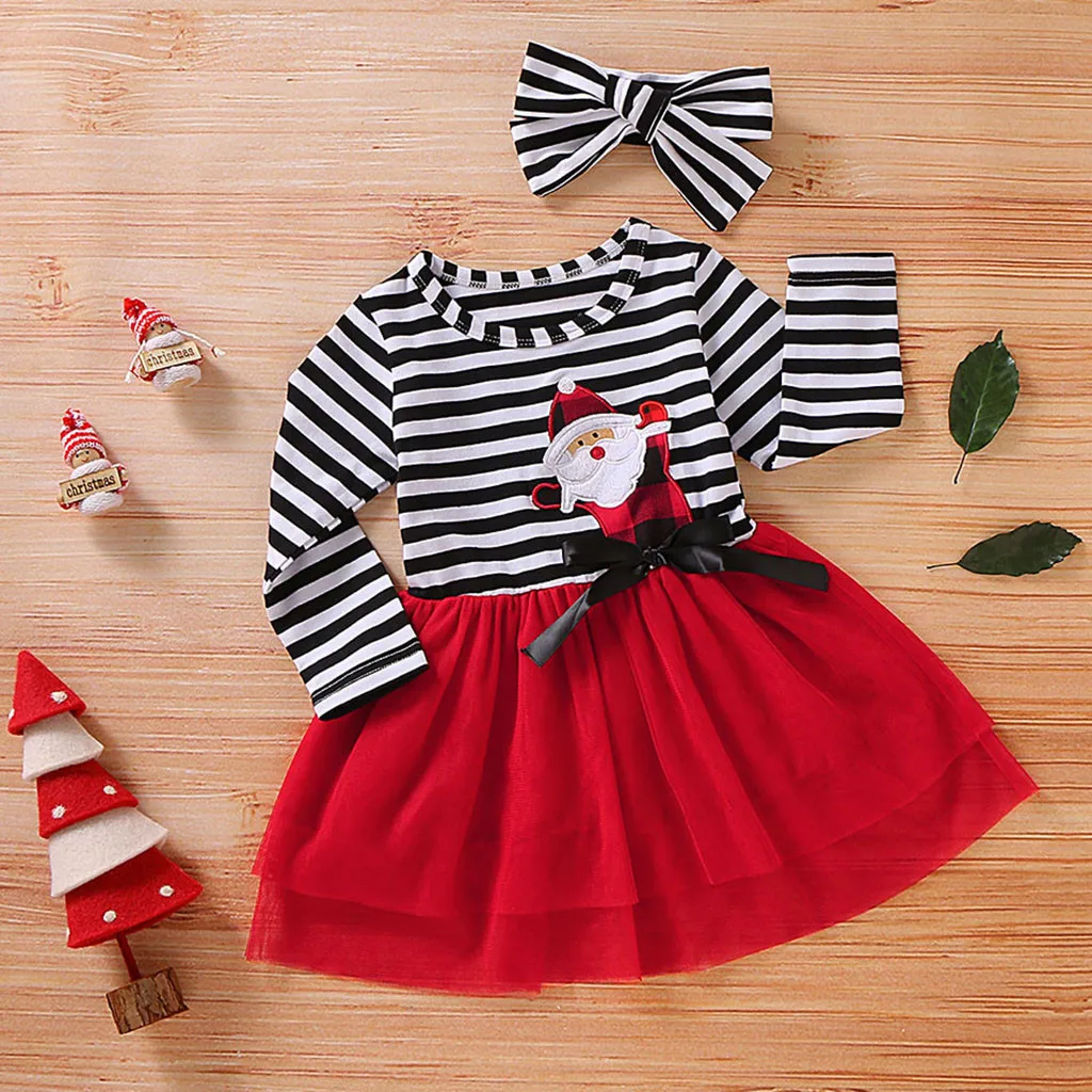 Платья для маленьких девочек; рождественское платье с принтом Санта-Клауса в полоску из тюля+ повязка на голову; модная зимняя одежда для девочек; M840