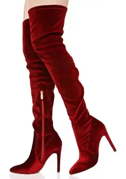 

Sexy Woman Wine Red Velvet Thigh High Boots Thin High Heel Over-the-knee Botas Mujer Boots Female Side Zipper Botas
