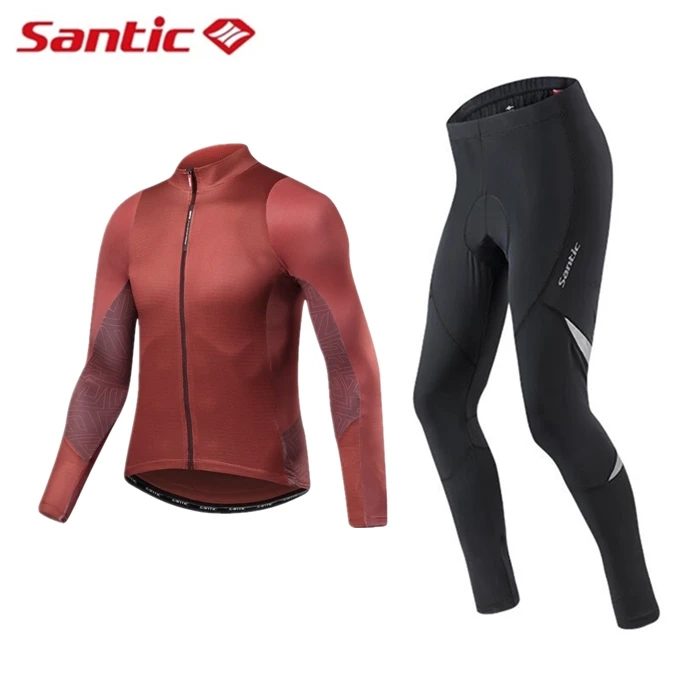 Santic для мужчин с длинным рукавом Майки для велоспорта комплект весна осень MTB дорожный велосипед Топ Джерси с 4D мягкие светоотражающие узкие брюки, штаны - Цвет: red set