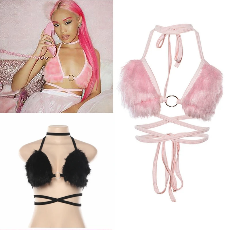 Sexy Women Fur Bras Pink Color Ladies Crop Top Ladies Underwear