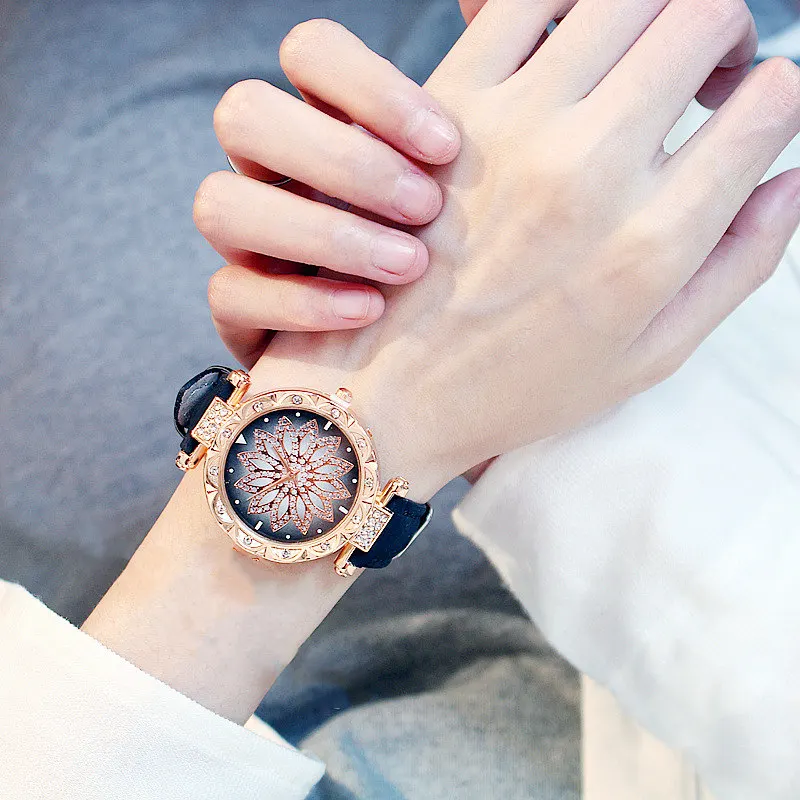 Роскошные Звездное небо женские часы горячая Распродажа Модный женский браслет Наручные повседневные часы, кожа женские кварцевые часы reloj mujer - Цвет: Black Color