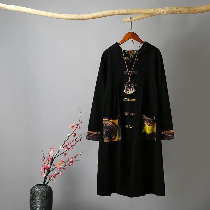 

Women Vintage Hooded Cotton Coat Ethnic Knot Buttons Printed Pockets Casual Long Wind Robe Spring Fall Retro Outwear Plus Size