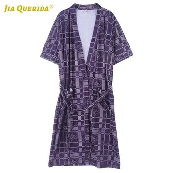 

New V Neck 100% Cotton Man Robe Fashion Style Casual Style Summer Bathrobe Night Robe 100% Cotton Bathrobe Short Sleeve Purple