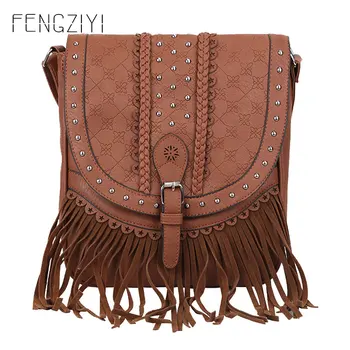 

Rivet Crossbody Bags for Women Pu Leather Women Shoulder Messenger Bags Tassel Designer Women`s Bag Vintage Ladies Hand Bags