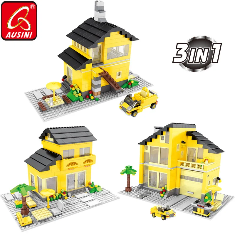 AUSINI 3in1 Villas Building Blocks 766pcs Bricks Construction City House Model Creator Toys for Children Kids Playthings Car | Игрушки и