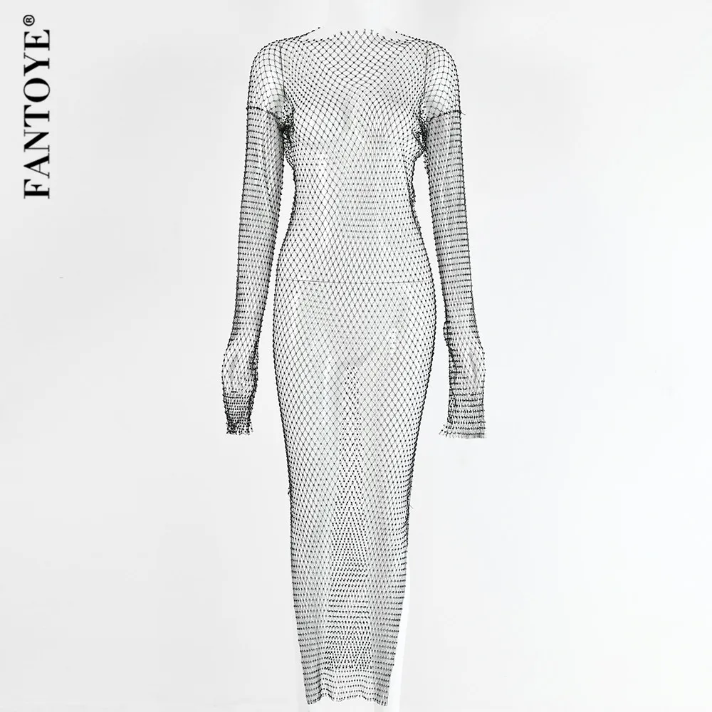 FANTOYE New Diamond Shiny Party Dress Women Split Long Sleeve Maxi Bodycon Dress Sexy See-Through Fishnet Club Dress Vestidos