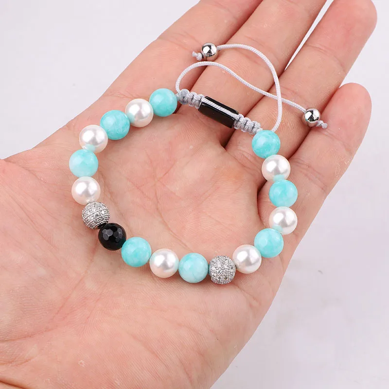 Jaravvi 8mm Blue Jade White Shell Crystal Ball Friendship Adjustable Macrame Beads Bracelet For Women - Image 4
