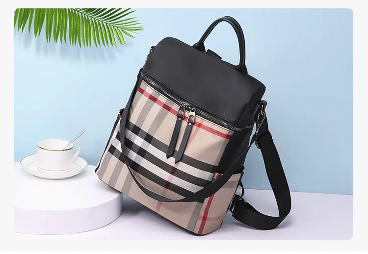Korean New Style Waterproof Oxford Cloth Backpack WOMEN'S Bag Travel Versatile Canvas Plaid Backpack Dual Purpose School Ba
