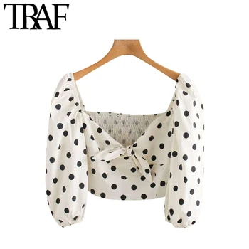 

TRAF Women Sweet Fashion Polka Dot Cropped Blouses Vintage V Neck Short Sleeve Back Elastic Female Shirts Chic Tops