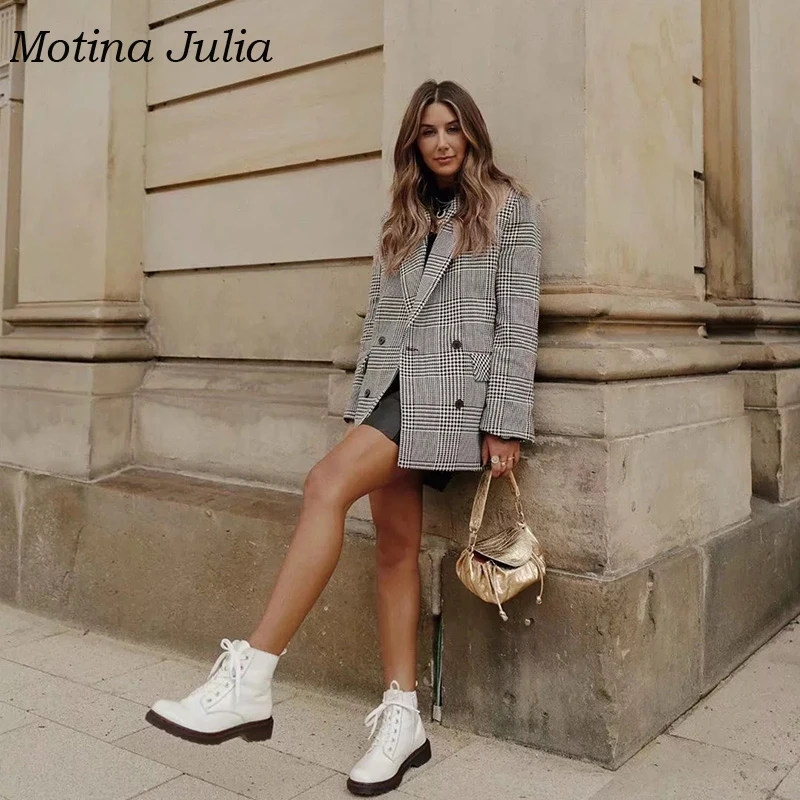 Motina Julia Модный осенне-зимний клетчатый Блейзер, пальто, Женский однобортный Блейзер, верхняя одежда, куртка