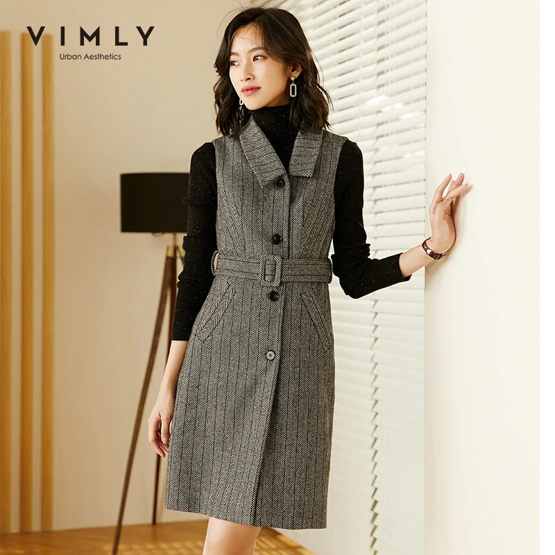 Vimly Women's Vest Dress Fashion Striped Single Breasted Pockets Wool