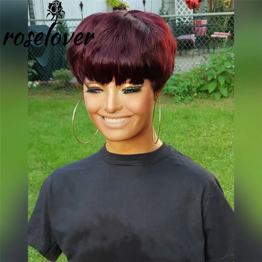 

Short Burgundy Pixie Cut Wig Straight Hair Wig Peruvian Remy Human Hair Wigs For Black Women 150% Glueless Machine Made Wig