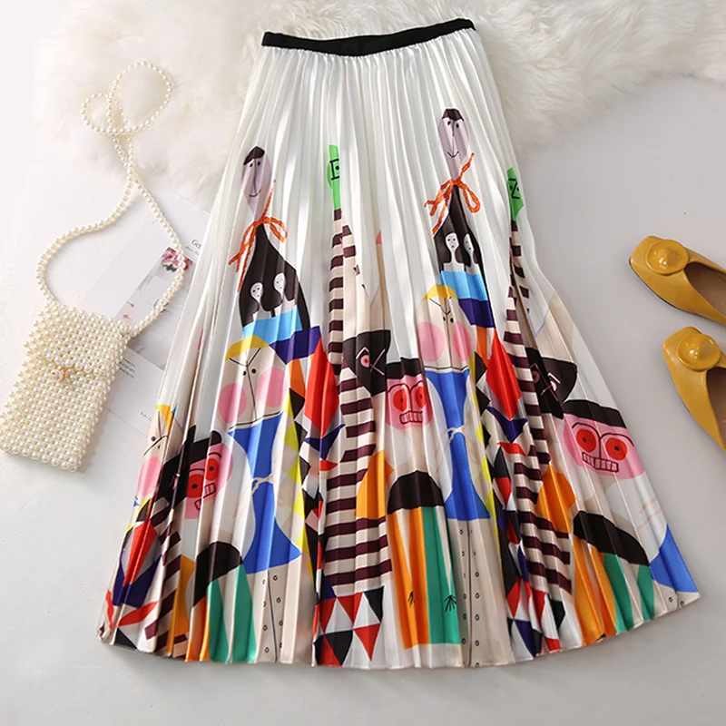 Женская длинная Плиссированная юбка, европейская юбка с высокой талией, весна-лето, мультяшный принт, высокая уличная юбка миди, эластичная талия, трапециевидная