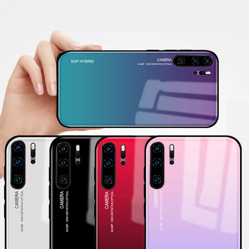 Чехол накладка с градиентным закаленным стеклом для Huawei P30 Pro P20 Lite силиконовый