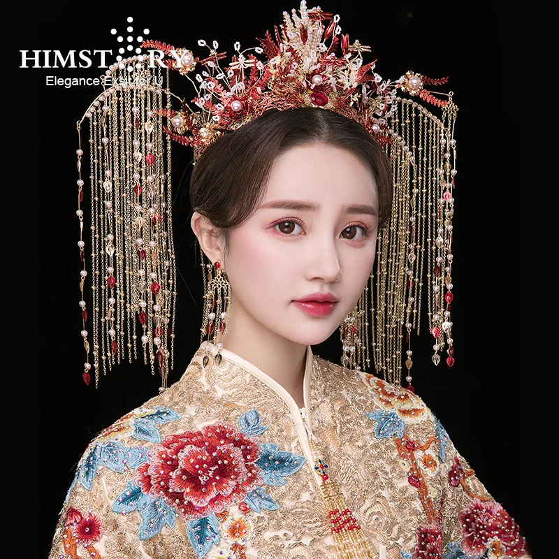 

HIMSTORY Traditional Chinese Wedding Bride Queen Crown Red Headpieces Long Tassel Vintage Wedding Tiara Headdress Accessory