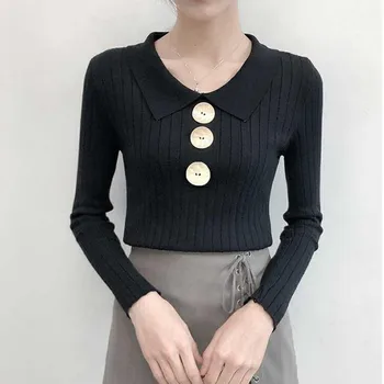 

Knit sweater lapels Women Autumn Winter Solid Color Slim Long-Sleeved Lapel Button Slim Bottom Knit Sweater Newest tops