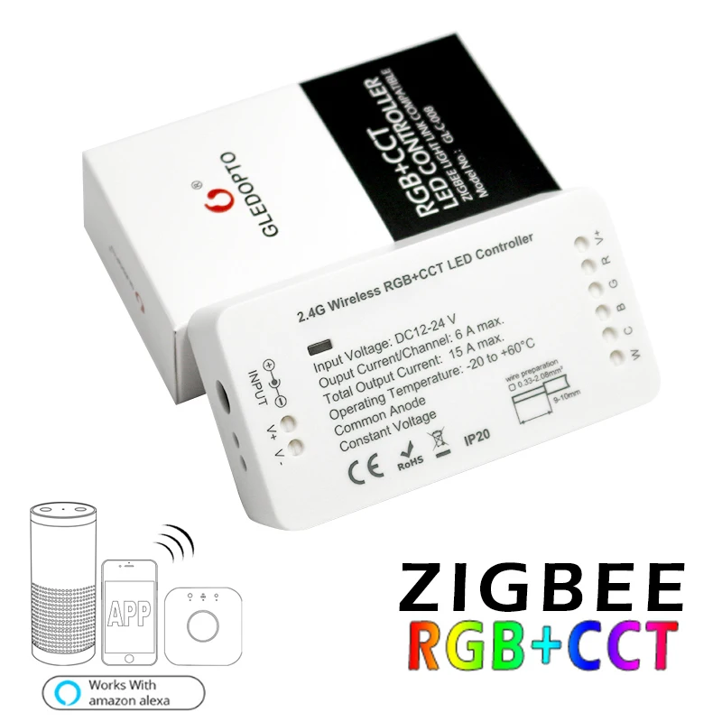 Gledopto Zigbee 3.0 2ID / 1ID Smart RGBCCT Switch DC12-24V LED Strip Remote Switch Dimmer Controller Work with Amazon ECHO