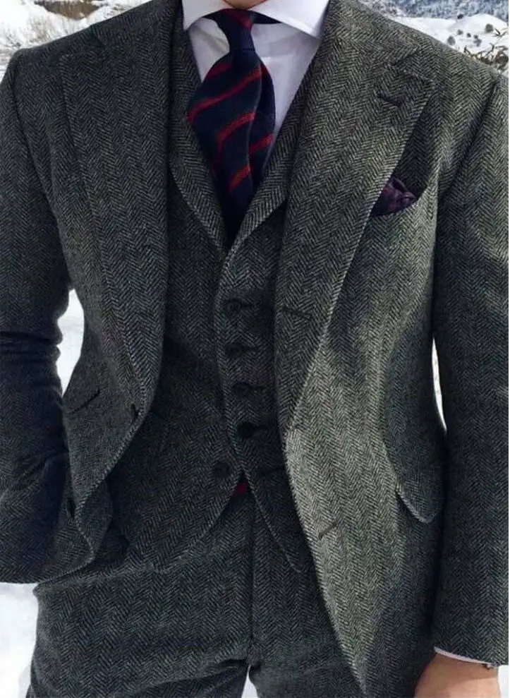 Серый Men's Grey Herringbone Wool Suits 3 Piece Tweed Blend Vintage Peaky Blinder - Цвет: Серый