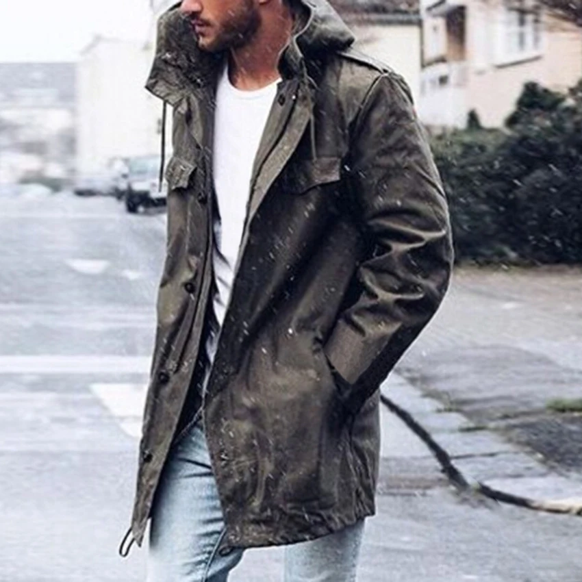 Trendy Men's Casual Trench Solid Coat Casual Male Spring Coat Hooded Outwear Windbreaker Hoody Overcoat Clothes Stylish Coats