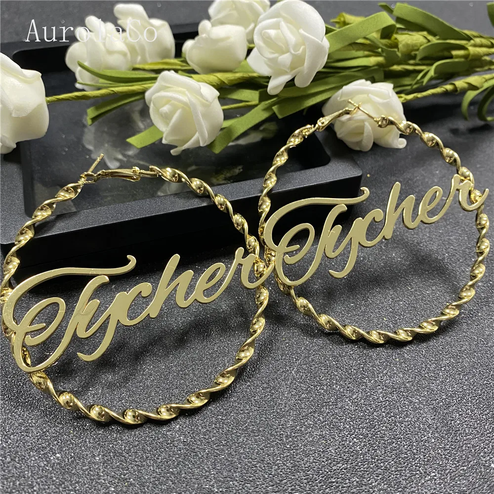 

AurolaCo 30/50/70/90 мм Серьги-кольца из нержавеющей стали с винтовой резьбой пользовательские именные серьги с винтовой резьбой стиль для модных женщин подарок