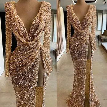 

Evening Dresses Mermaid Long Sleeve Formal Party Sequined Prom Gowns 2020 For Women Plus Size