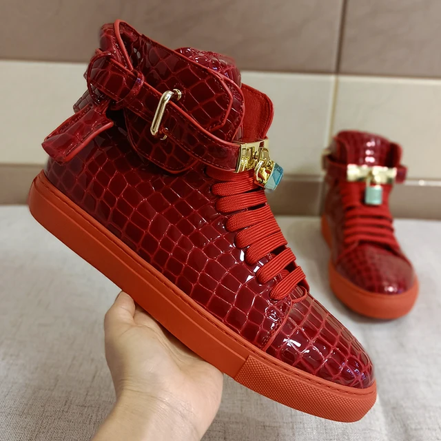 Men Embossed Crocodile High Top Shoes Boots Men's Apparel Men's Shoes color: ArmyGreen|Black|black Alligator|Black Smooth|Red|red Alligator|Red Smooth|White|White Smooth