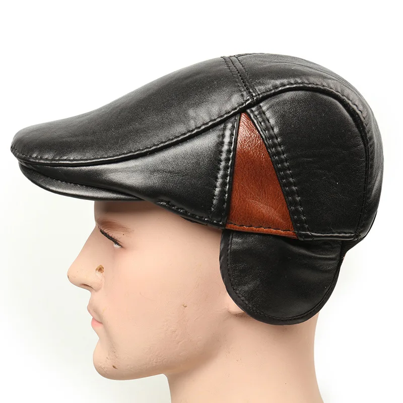H3505 Leather Visor Cap Men Cowhide High Quality Fashion Hat Autumn Winter Casual Simple Ear Protection Middle Aged Father Hats