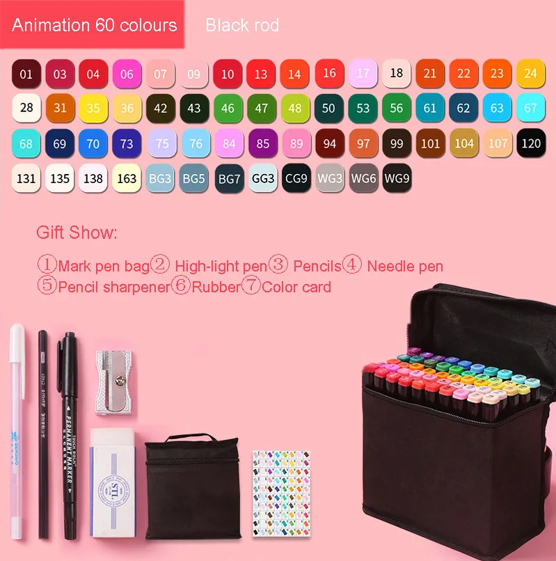 Markers brush Pen Set authentic student double-headed beginner 30/40/60/80 colors oil alcohol painting marker art supplies - Цвет: Anime 60  black rod