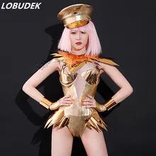 Женская одежда для шоу, сценическая одежда с золотым зеркалом, боди, шляпа, наряд для бара, ночного клуба, DJ, певица, ведущая танцовщица, командный сексуальный костюм для выступлений