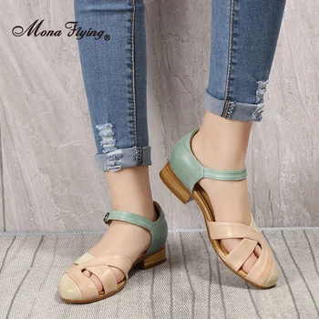 

Mona Flying Genuine Leather Closed-toe Ankle Strap Heeled Sandals Buckle Summer Multicolor Casual Shoes
