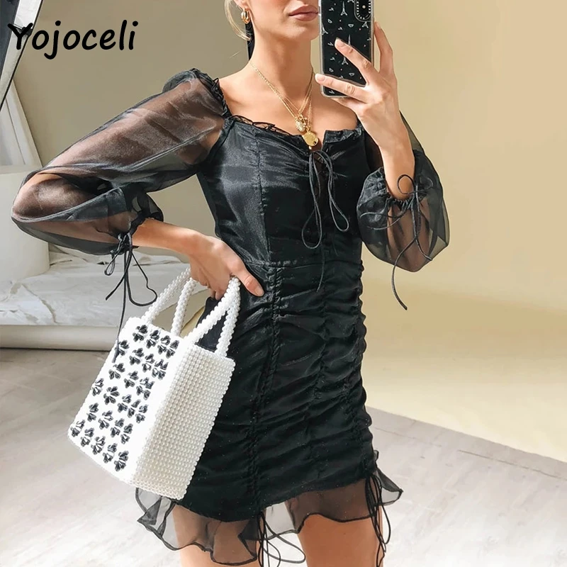 Yojoceli 2019 с открытыми плечами черное Сетчатое платье сексуальное длинным рукавом