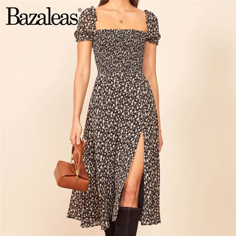 Bazaleas, элегантное, шикарное шифоновое платье, женское, черное, с цветочным принтом, с разрезом, миди, платья для офиса, эластичный бюст, vestidos