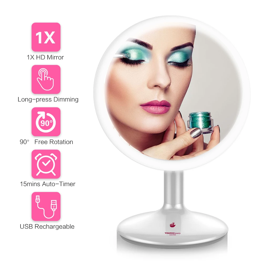 TOUCHBeauty зеркало для макияжа, 1x увеличительное зеркало со светодиодом, вращение на 90 градусов, косметическое зеркало с 21 светодиодный подсветкой, перезаряжаемое косметическое зеркало