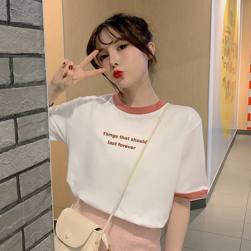 

Harajuku Women Tees Print Letter Short Sleeve T-shirt Color Patchwork Preppy Style 2020SS New Trend Female Tshirt Summer Tops