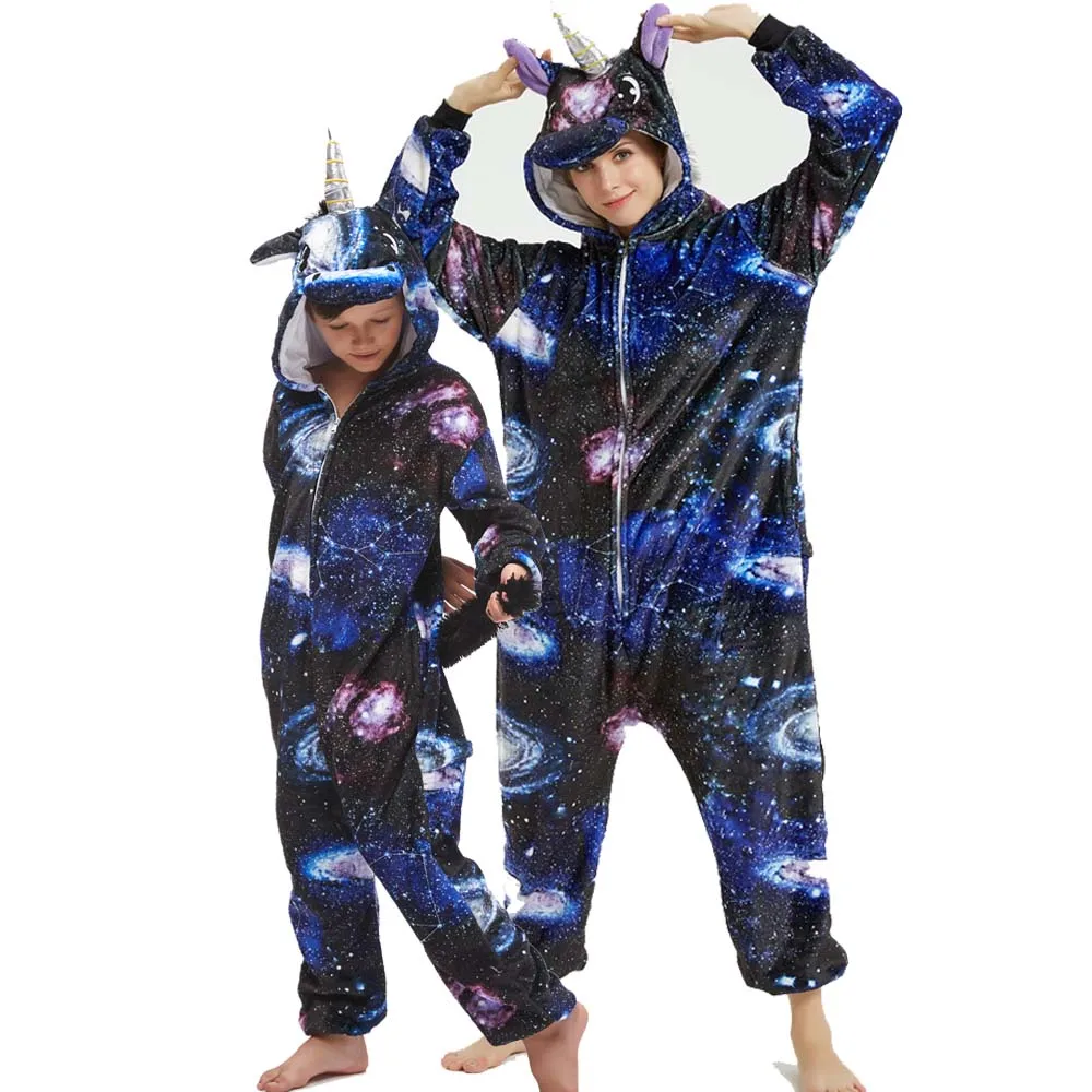 Pijama de franela de poliéster para padres e hijos, ropa de dormir de una sola pieza, Kigurumi Galaxy, Serie de unicornio, Animal de franela