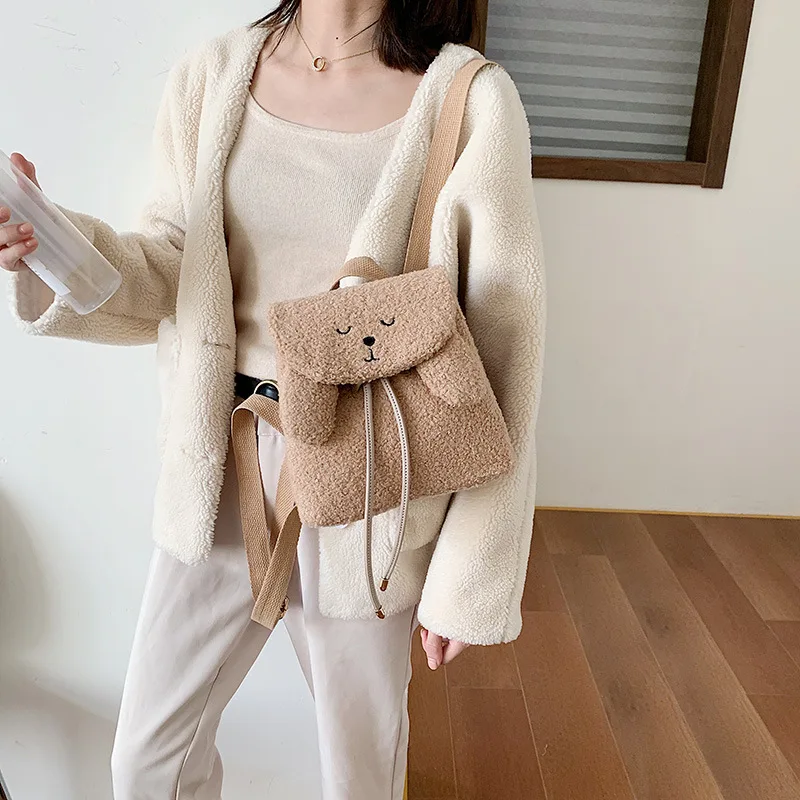 

2019 Autumn & Winter New Style WOMEN'S Bag Woolen Backpack Cute Eye-closed Bear Spiraea Casual Drawstring Women's Double Back