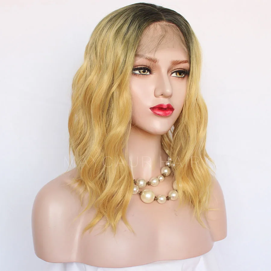 Maycaur Black Yellow Short Bob Lace Front Wigs for Black Women Synthetic Heat Resistant Soft Fiber Hair Wavy Wigs (4)