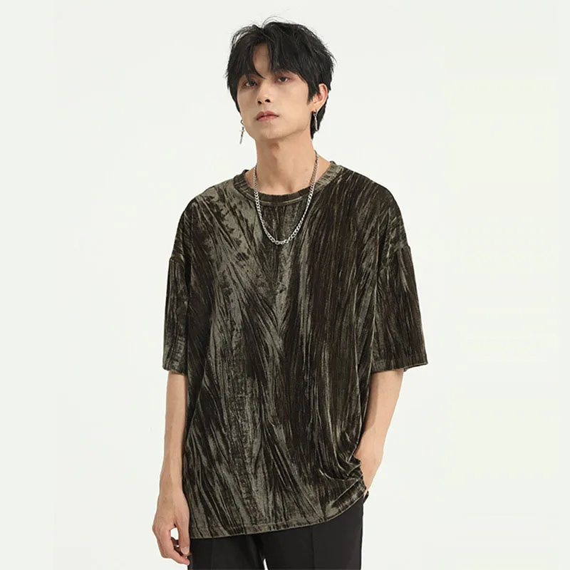 

Men Short Sleeve Loose Velour T-shirt Male Vintage Fashion Tops Tees Shirts Streetwear Hip Hop Tshirt
