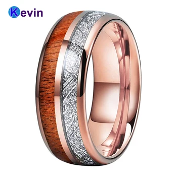 

Rose Gold Wedding Ring Tungsten Carbide Ring Double Grooves With Wood And Meteority Inlay