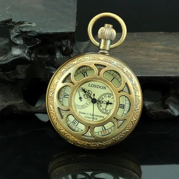 

Two Sub-dials Mechanical Pocket Watch Hand Winding Bronze Copper Skeleton Back FOB Chain Vintage Retro Roman Numeral Clock