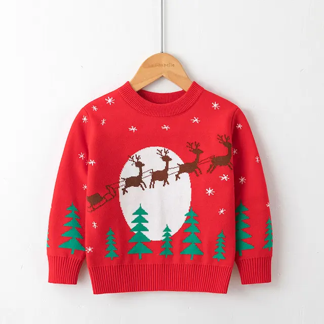 Autumn Winter Christmas Sweater Baby Boys and Girl Children O-Neck Print Knitted Sweater Kid Pullover Cartoon Teenager Sweater Red