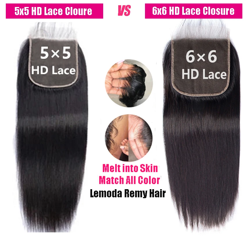 

Lemoda 4x4 5x5 6x6 HD Lace Closure Straight Transparent Lace Frontal Closure Peruvian Remy Human Hair 14-24 Inch Lace Closure