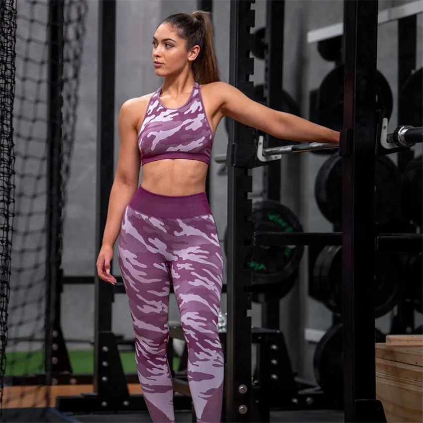 CB251 purple Комплект из 2 предметов, камуфляжный Камуфляжный комплект для йоги, спортивная одежда, женская одежда для спортзала, фитнеса, попой, Леггинсы для йоги+ спортивный бюстгальтер, спортивный костюм для спортзала, Femme - Цвет: CB251 purple