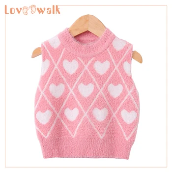 

Cute Girls Sweaters Heart Baby Knitwear Vest Warm Baby Girl Winter Clothes High Quality Velvet Children Top Knit Sweater Kids