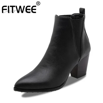 

FITWEE Office Ladies Ankle Boots Plus Size 32-46 Sexy Pointed Toe Winter Fur Shoes Women Keep Warm Square Heel Short Footwear