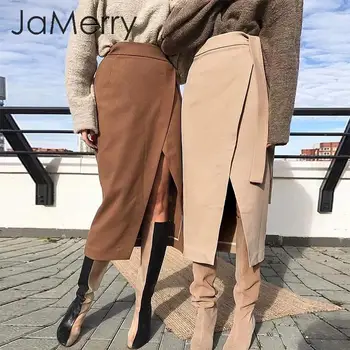 

JaMerry Suede leather midi skirt women Autumn winter high waist split sexy female skirt Streetwear offices ladies long skirts