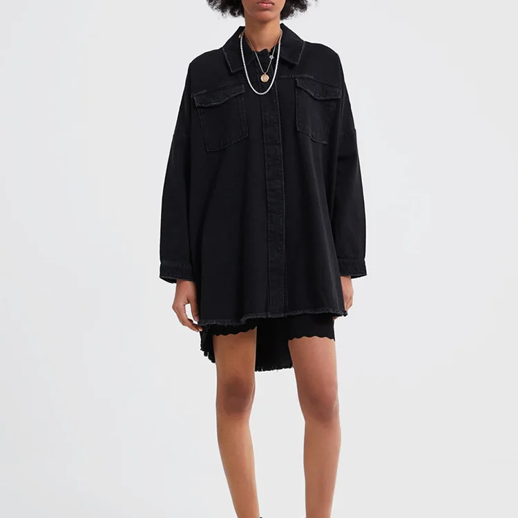 

2019 Spring New Style WOMEN'S Dress Washing Series Cowboy Jacket Tassels Edge Short in Front Long Coat