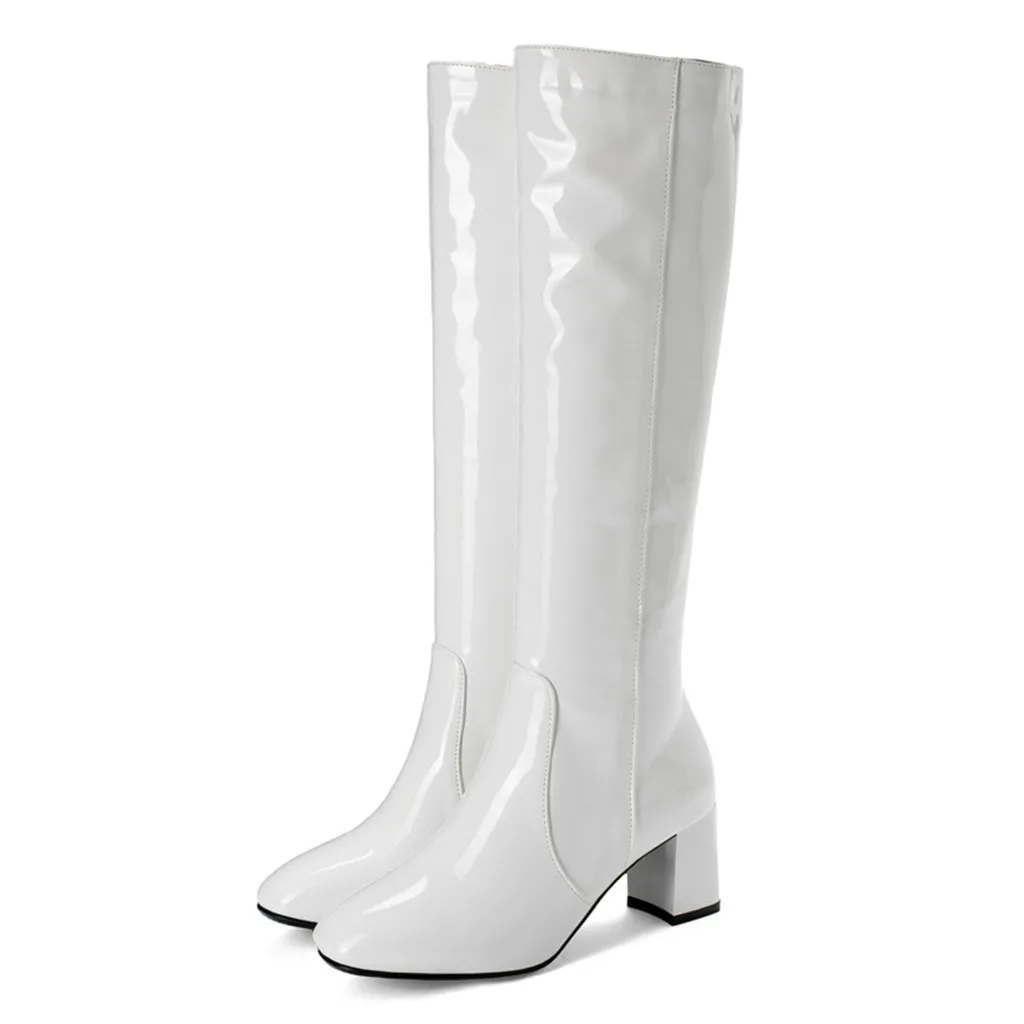 SAGACE Women Boots Solid Pattent Leather Square Toe Knee High Boots 6cm Block Heels Zipper Thick Heels Leather Shoes Botte Femme