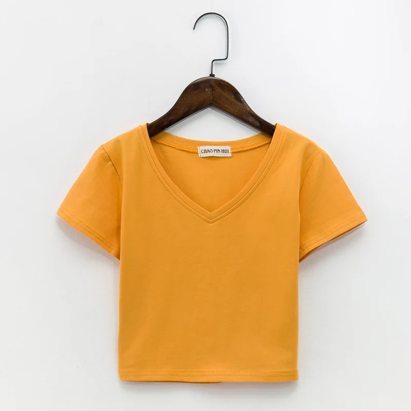 

Hot Sale Sexy Women Basic Crop Top T-Shirt V Neck Short Sleeve Tees Cotton Tops Summer Girls Short T-shirts 7 Colors